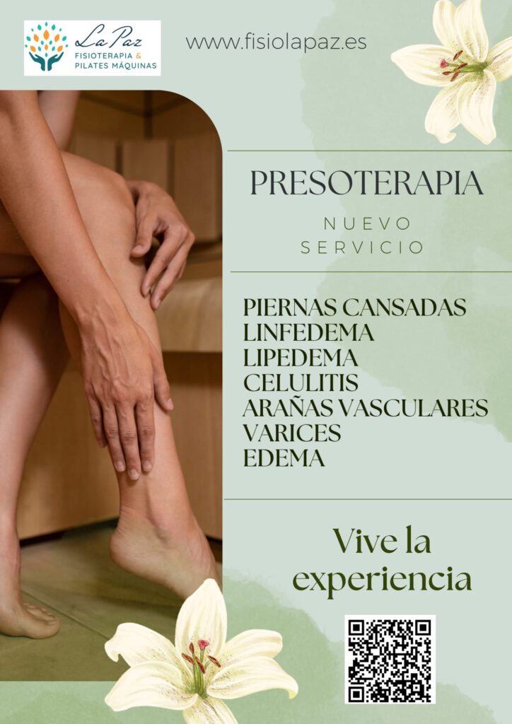 Aplicación de presoterapia y drenaje linfático en piernas para mejorar circulación, reducir inflamación y tratar linfedema y lipedema en consulta de fisioterapia.