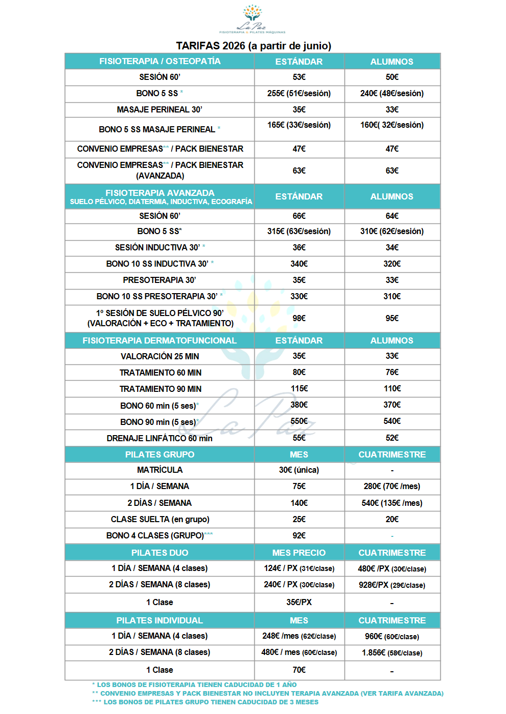 Tarifas 2026 de La Paz Fisioterapia & Pilates Máquinas en Madrid, con precios de sesiones y bonos de fisioterapia y pilates.