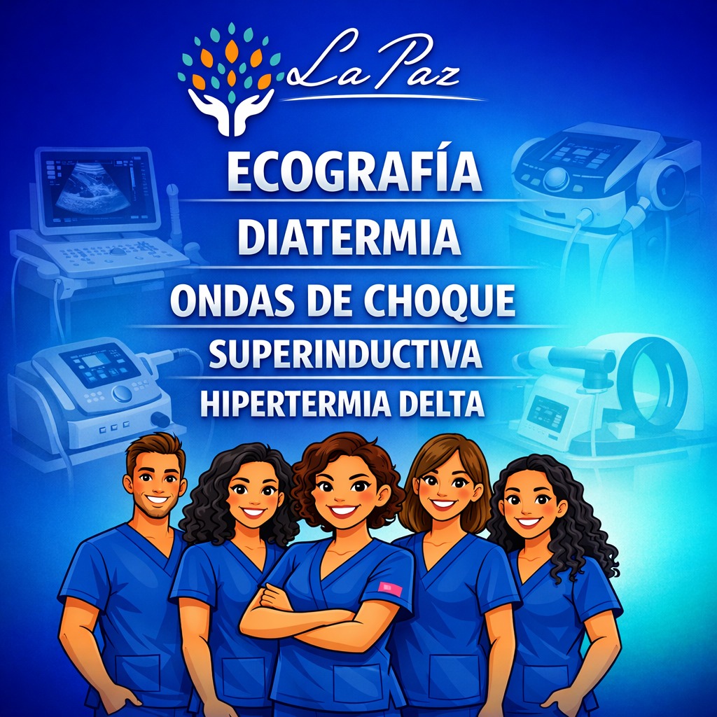 ombres de tecnologías médicas: ecografía, diatermia, ondas de choque, superinductiva e hipertermia delta, junto a equipos de fisioterapia avanzada.