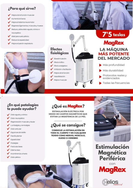 Equipo MagRex de estimulación magnética periférica utilizado en fisioterapia para mejorar la función muscular, reducir el dolor y favorecer la recuperación neuromotora.